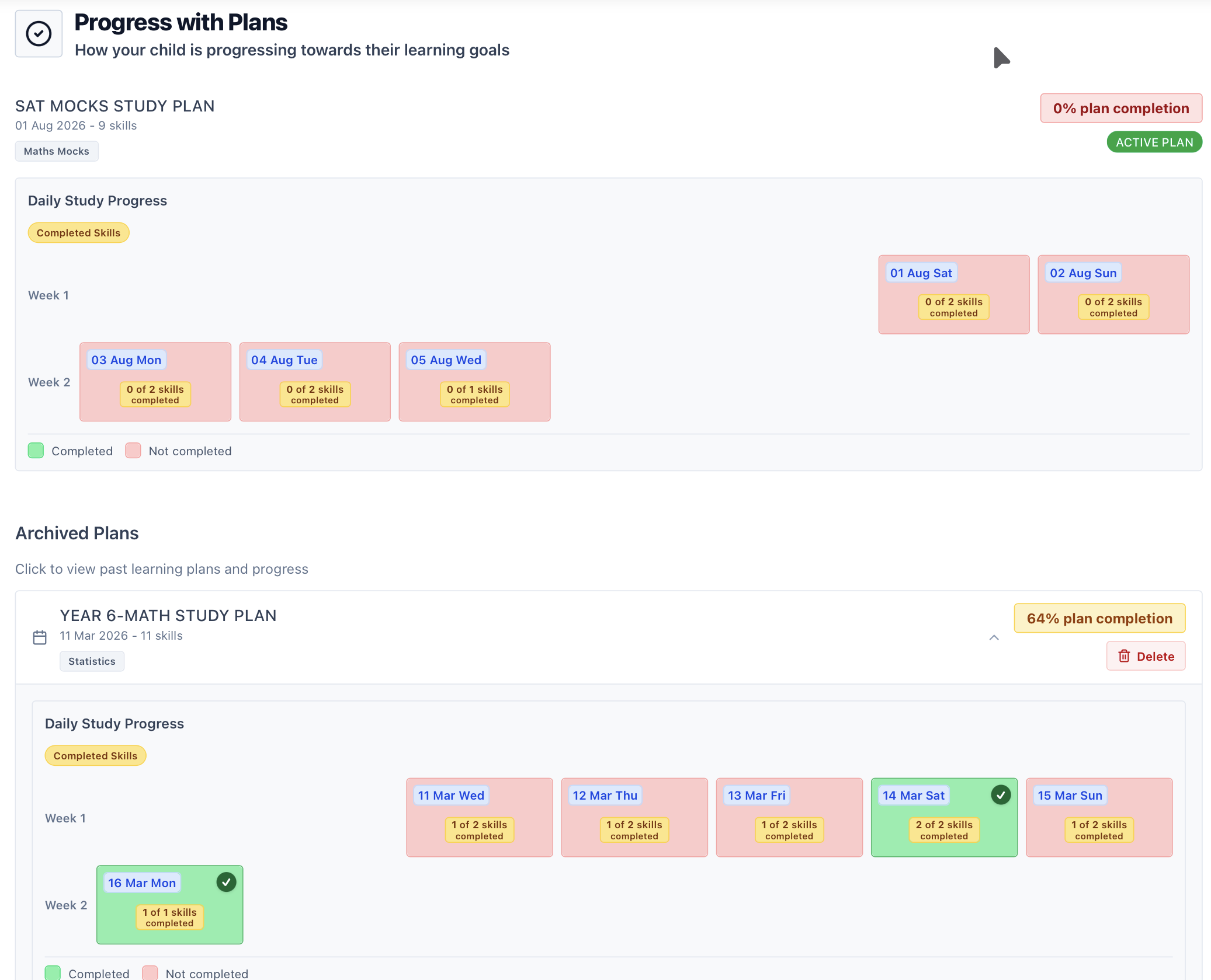 A yearsixlearning study plan showing daily skill completion
