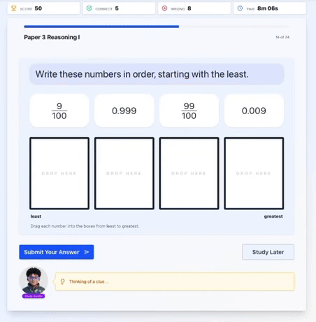Example of a yearsixlearning practice question with AI teacher hints